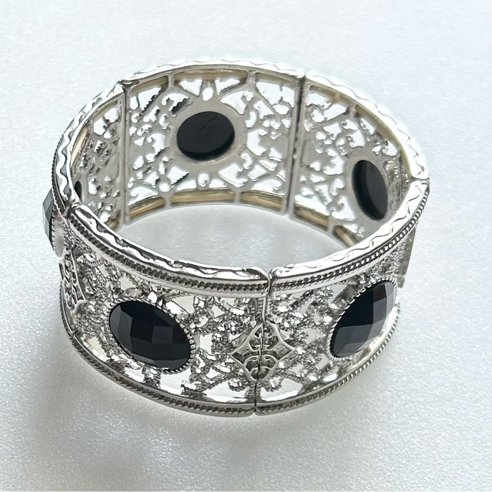 FILIGREE Silver Tone Faceted ACRYLIC Black BEADS Stretch BRACELET 7.5”